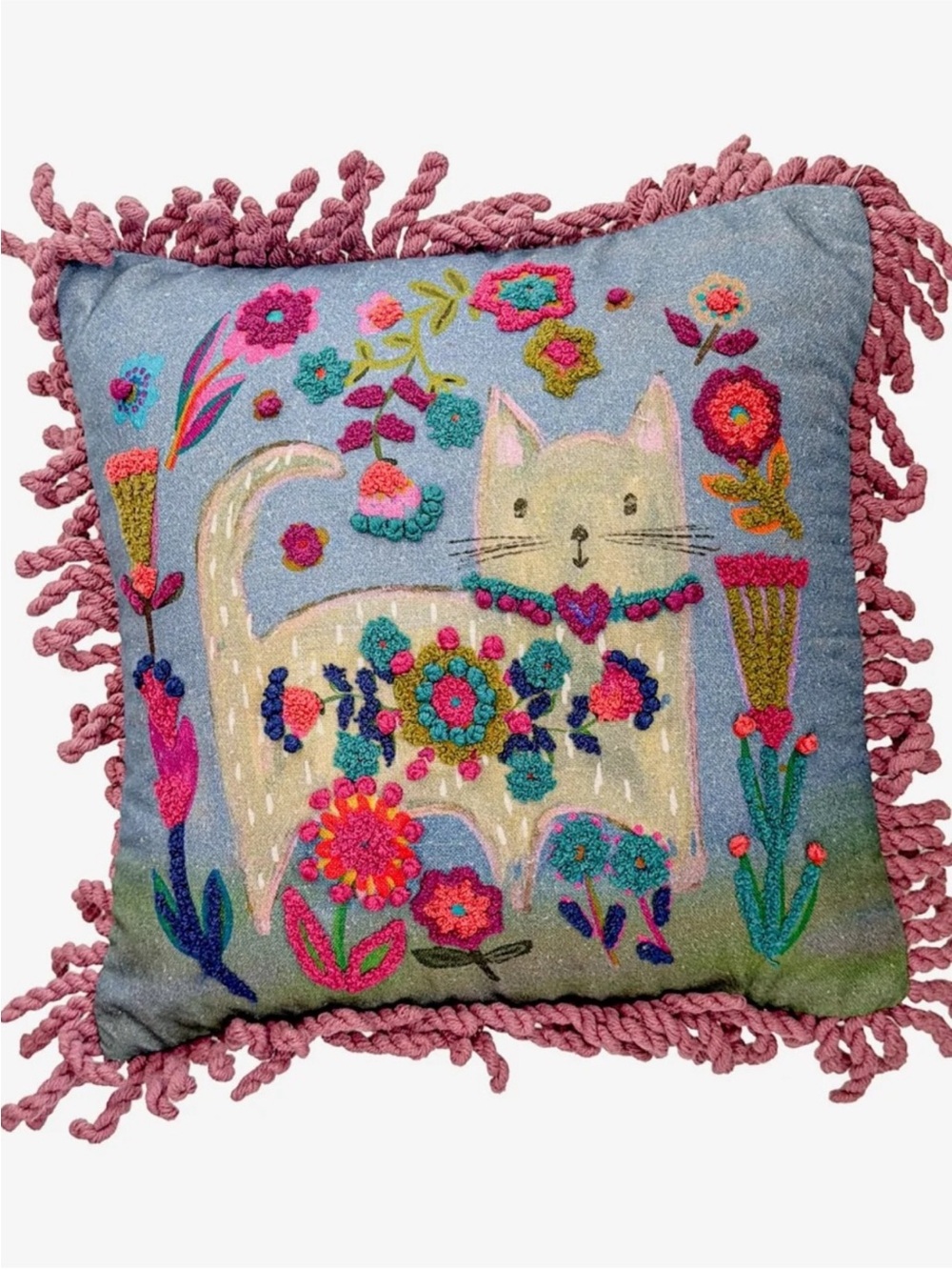 Natural Life Embroidered Cat Throw Pillow